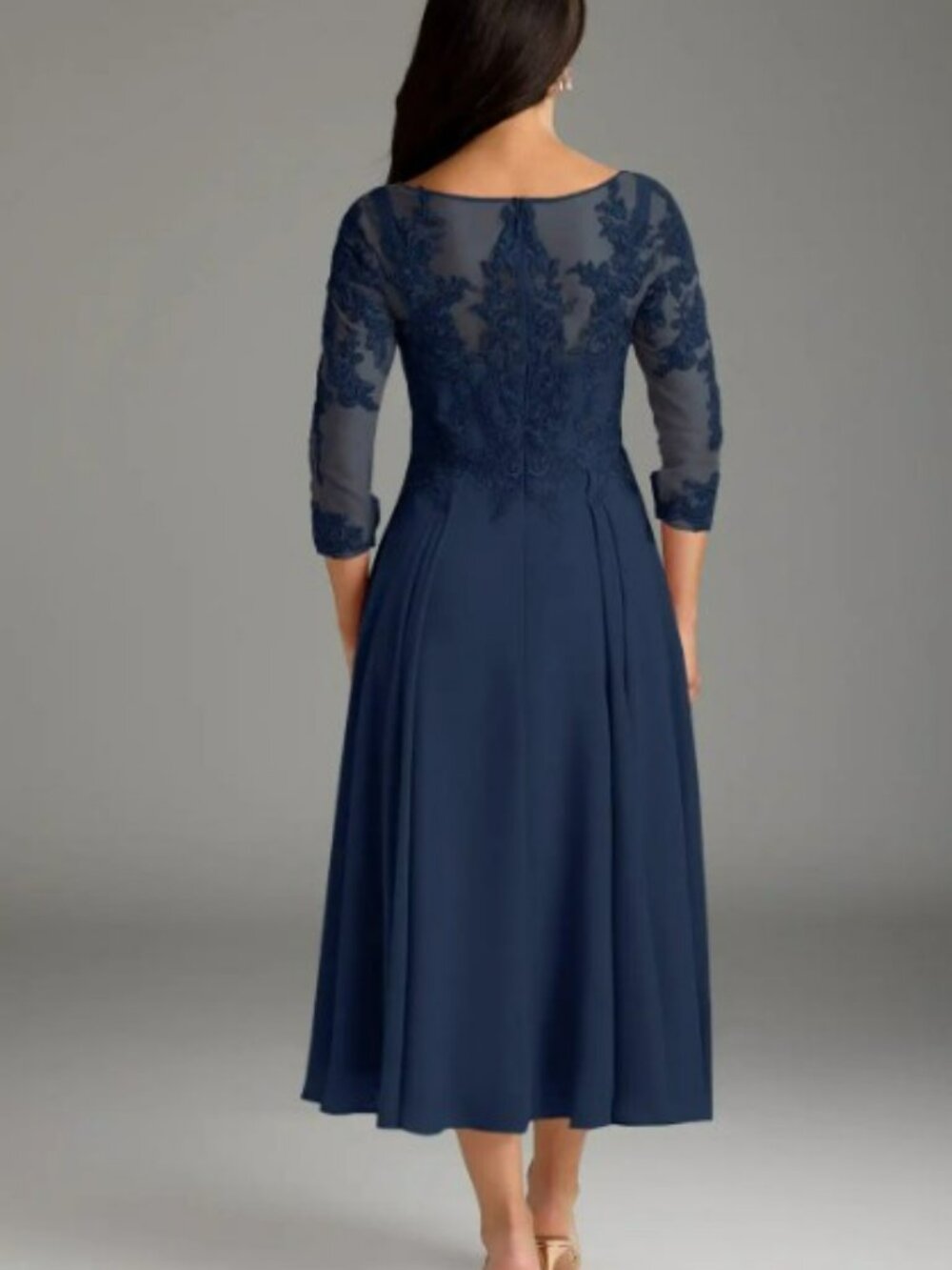Azazie Marge Dark Navy A-Line Scoop Lace Chiffon Dress | Size 8 - Picture 2 of 2